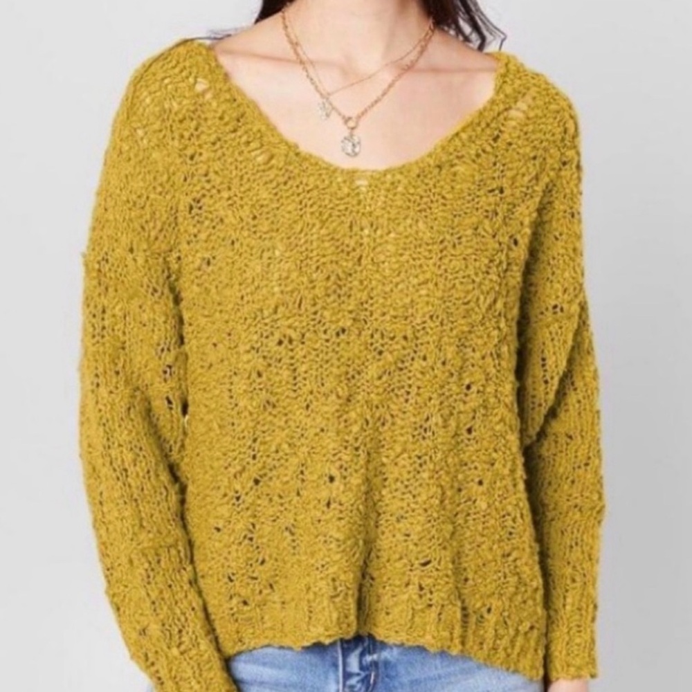 Free People Sweater S Mustard Yellow Cotton Boxy Loose Chunky Knit C266